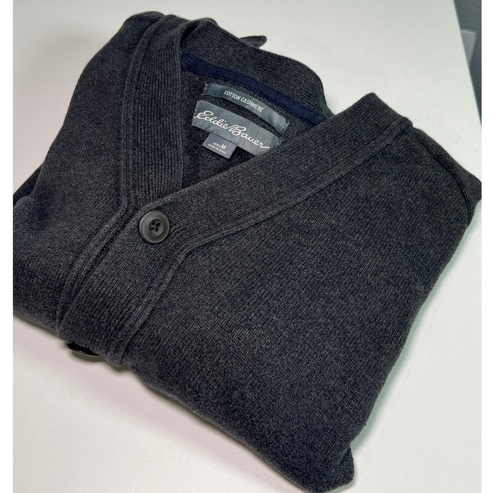 Eddie Bauer Cashmere Cardigan Mens M Charcoal Gray Cotton V-Neck Button Preppy